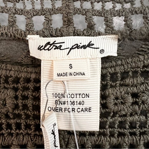 Ultra Pink Crochet Look Knit Top NEW Olive, Lace Accents | Small | Boho Cottage - Picture 10 of 12